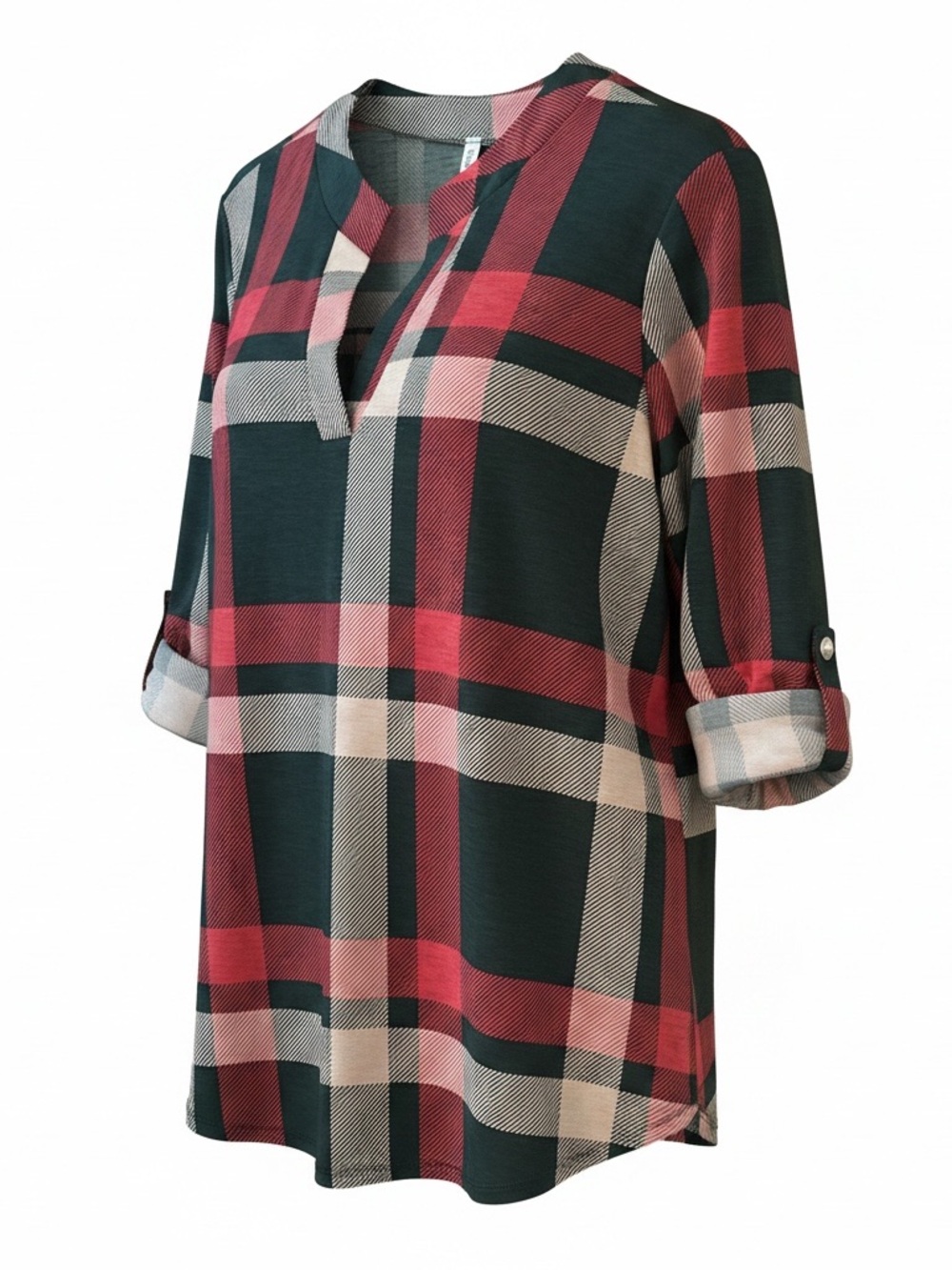 DEAR SCARLETT LIZZY V-Neck Plaid Tunic Top in Magenta, Hunter Green & Beige